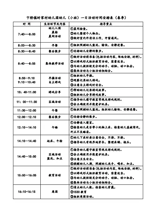 幼儿园一日活动时间安排表(春季)