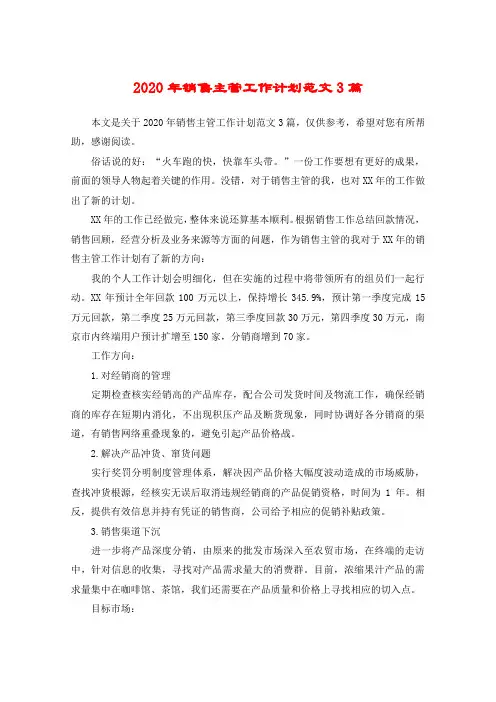 2020年销售主管工作计划范文3篇