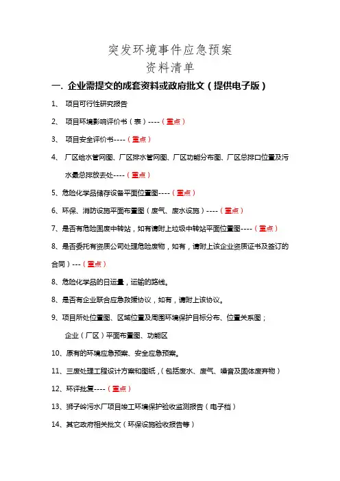 突发环境事件应急预案企业提供资料清单