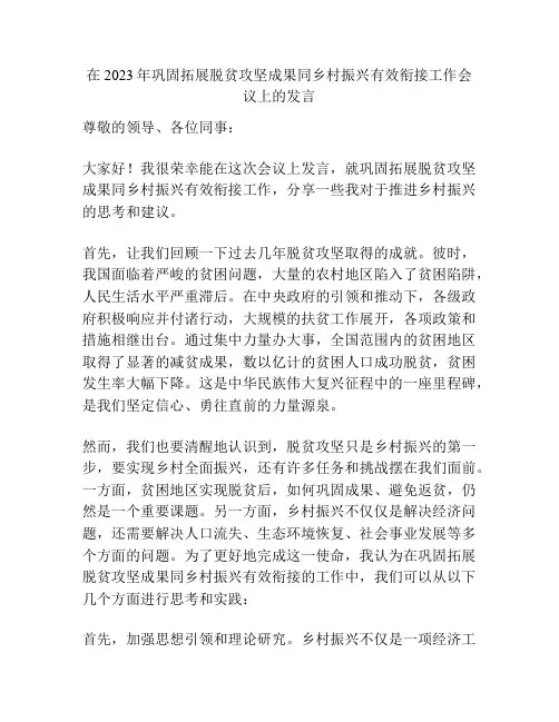在2023年巩固拓展脱贫攻坚成果同乡村振兴有效衔接工作会议上的发言