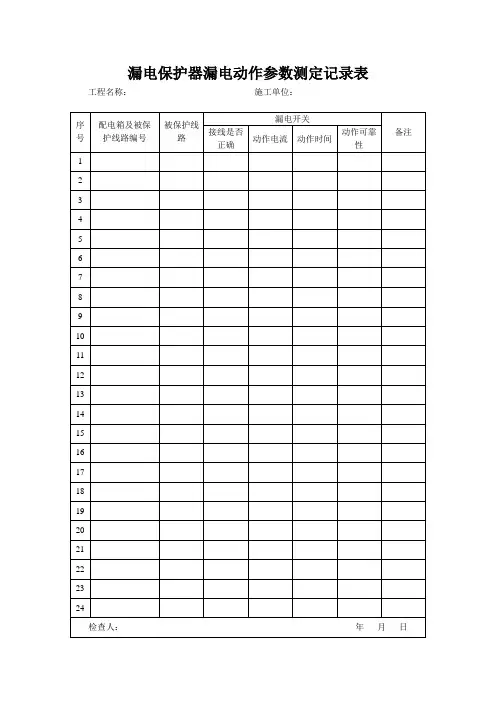 漏电保护器漏电动作参数测定记录表