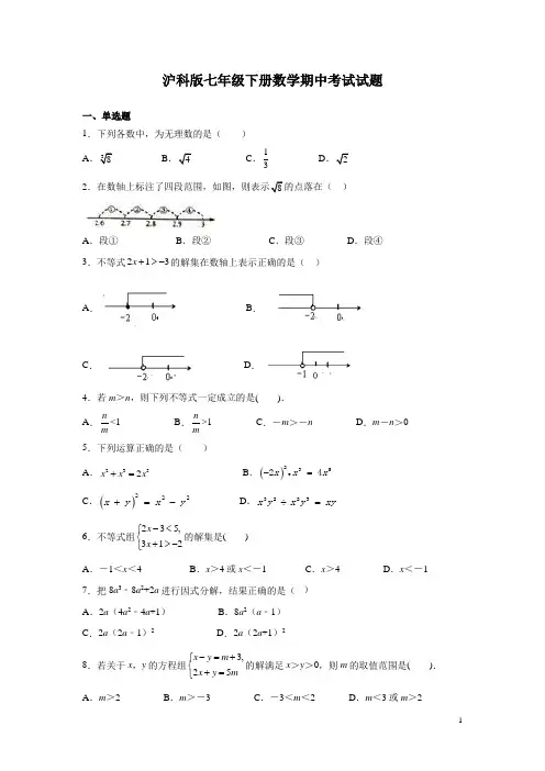 沪科版七年级下册数学期中考试试卷带答案