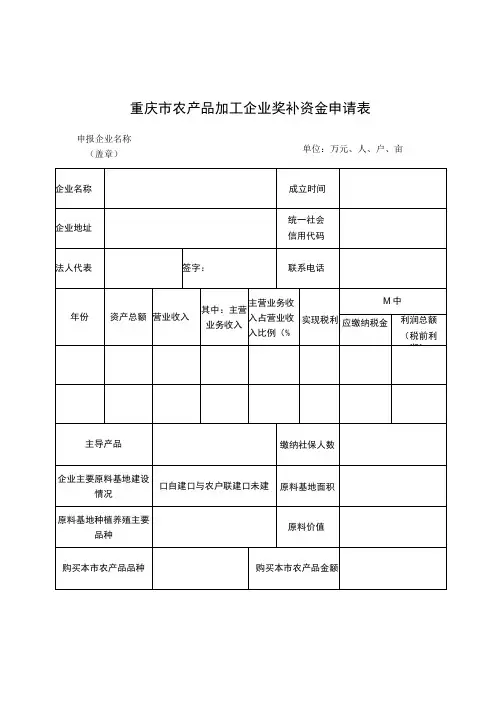 重庆市农产品加工企业奖补资金申请表
