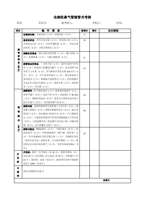 全麻经鼻气管插管术考核评分标准