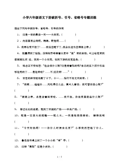 小学六年级语文下册破折号引号省略号专题训练