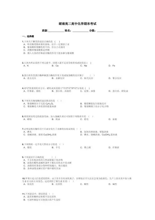 湖南高二高中化学期末考试带答案解析
