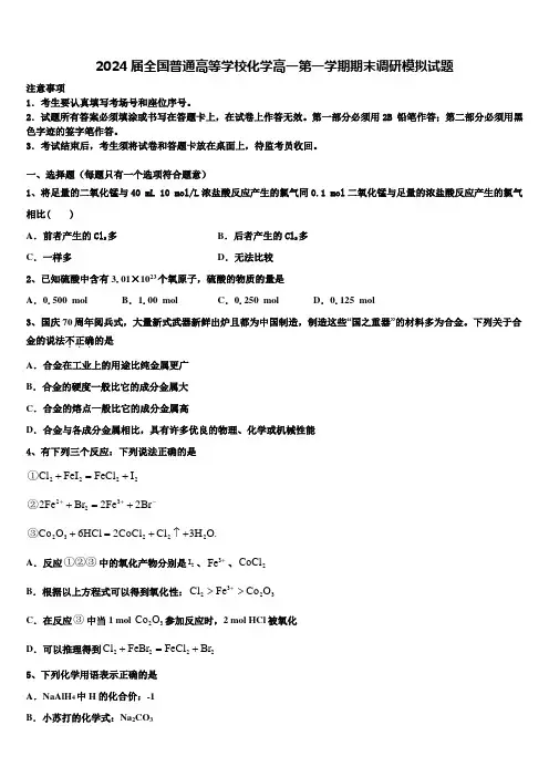 2024届全国普通高等学校化学高一第一学期期末调研模拟试题含解析