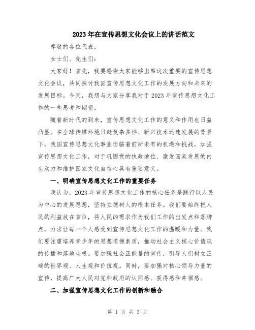 2023年在宣传思想文化会议上的讲话范文