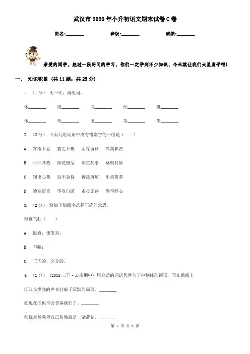 武汉市2020年小升初语文期末试卷C卷