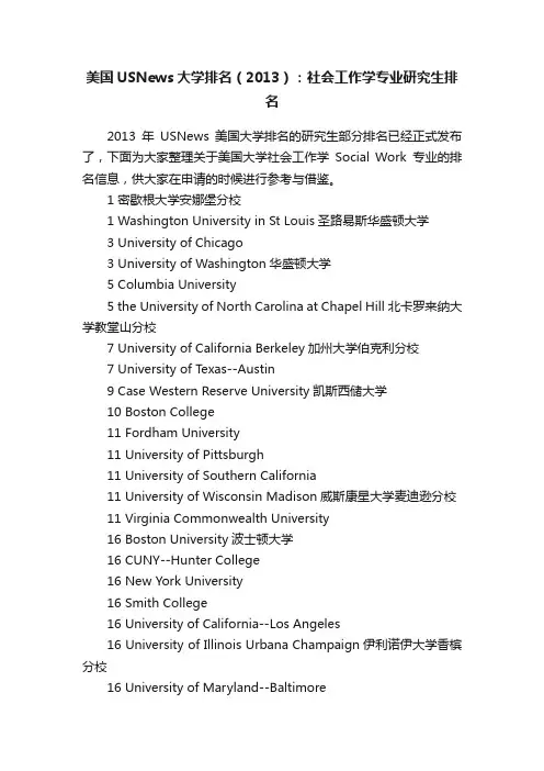 美国USNews大学排名（2013）：社会工作学专业研究生排名