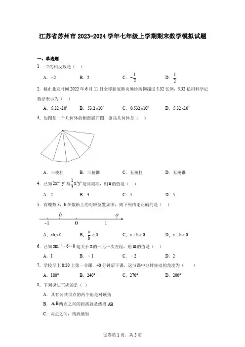 江苏省苏州市2023-2024学年七年级上学期期末数学模拟试题