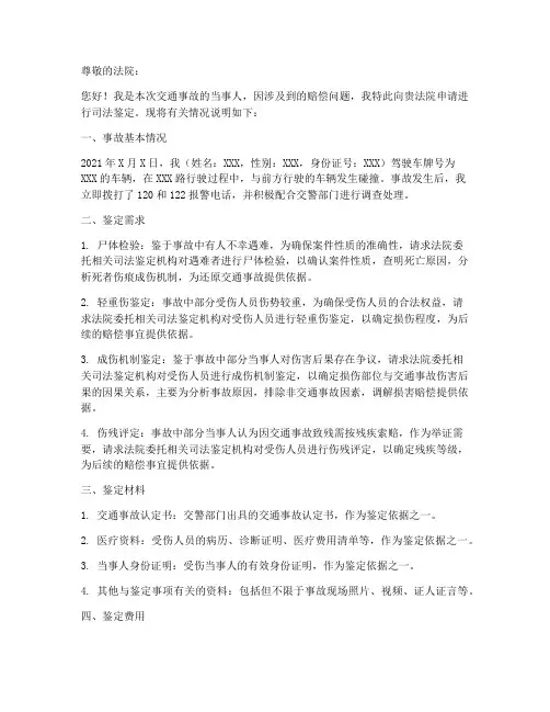 车祸向法院申请鉴定的申请书范本