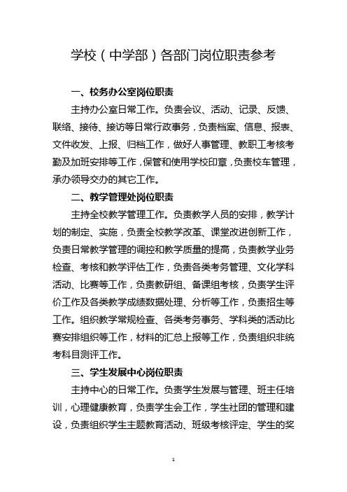学校(中学部)各部门岗位职责参考