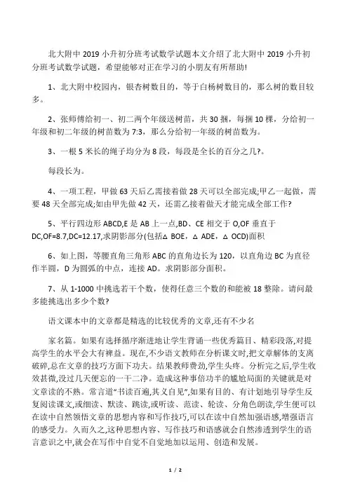 北大附中小升初分班考试数学试题