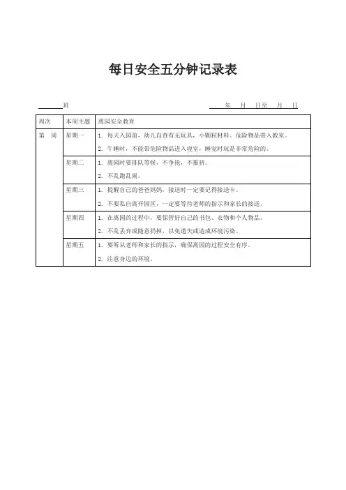 每日安全五分钟记录表(2)_班级工作_文档_小中大班
