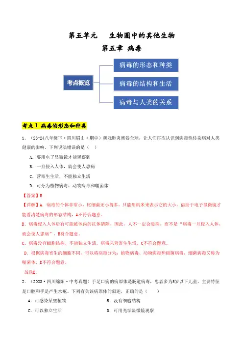 八年级生物上册第五单元第五章 病毒考点卷(解析版)