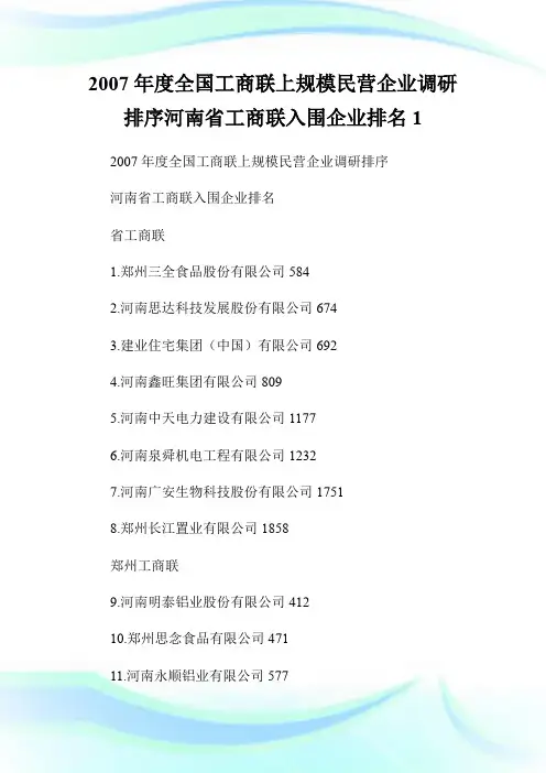 20XX年度全国工商联上规模民营企业调研排序河南省工商联入围企业排名1.doc