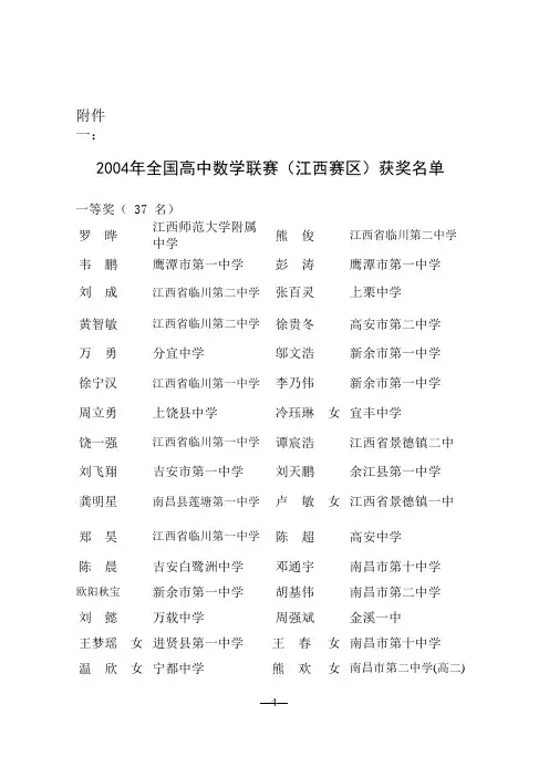 2004年全国高中数学联赛(江西赛区)获奖名单