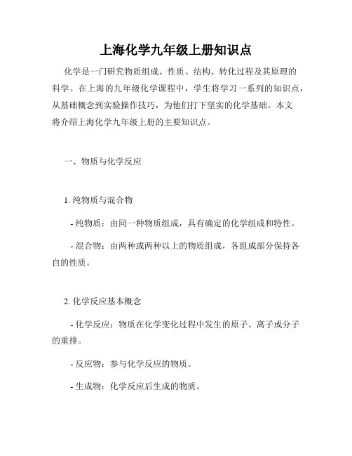 上海化学九年级上册知识点