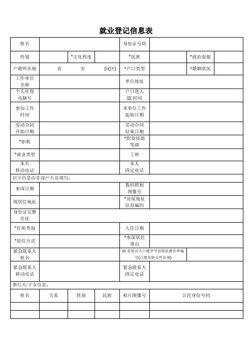 就业登记信息表