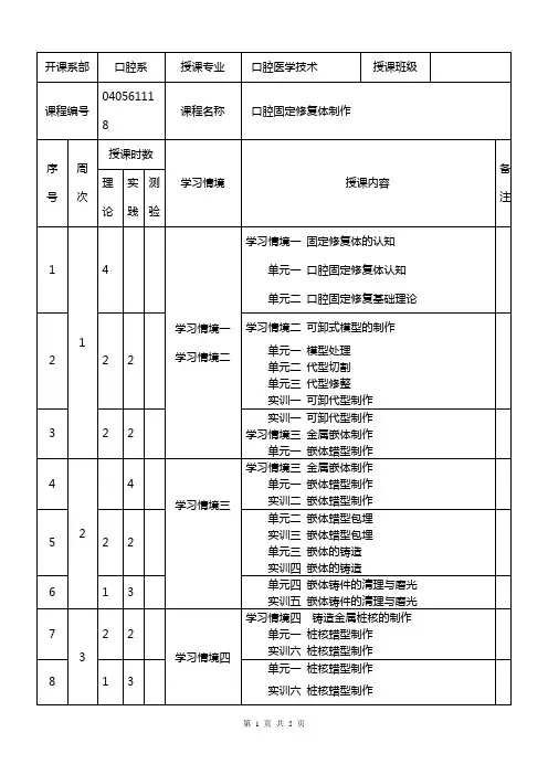 《口腔固定修复体制作》教学日历