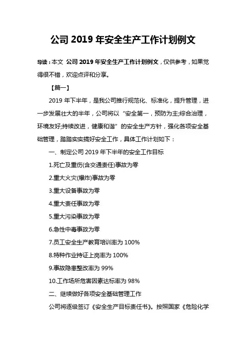 公司2019年安全生产工作计划例文