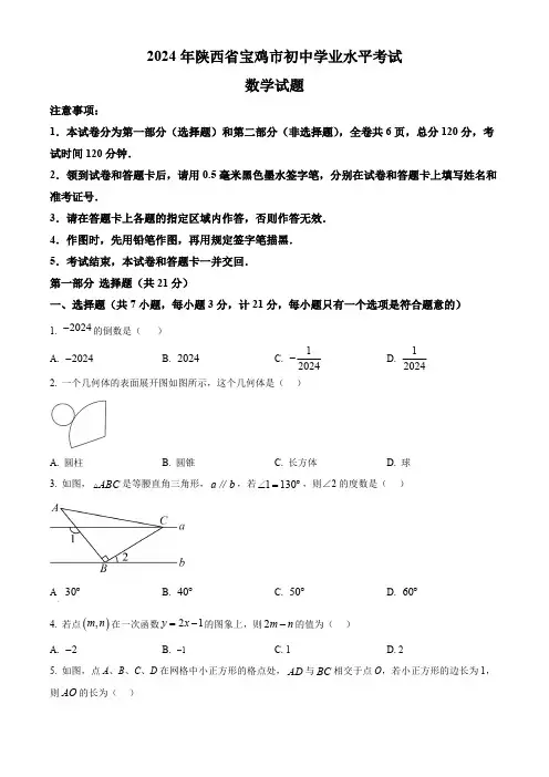 2024年陕西省宝鸡市中考模拟数学试题(原卷版)
