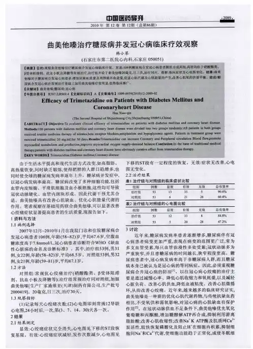 曲美他嗪治疗糖尿病并发冠心病临床疗效观察