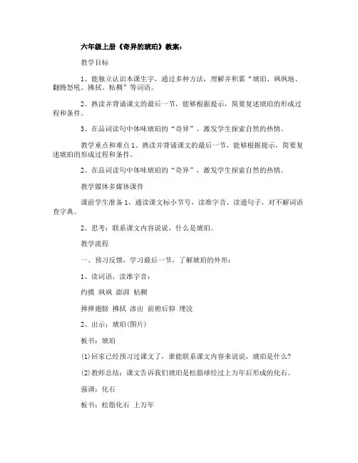 六年级上册奇异的琥珀教案