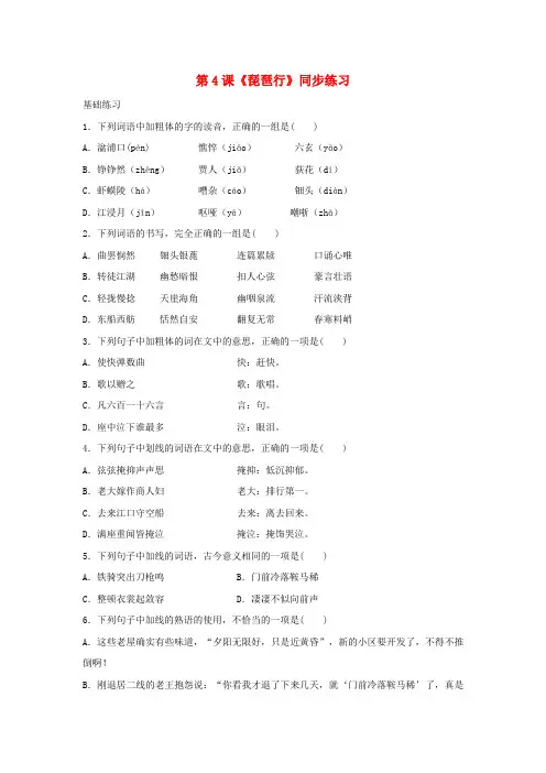九年级语文上册第二单元4《琵琶行》同步练习北师大版