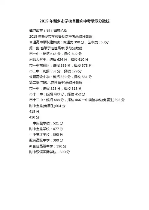 2015年新乡市学校各批次中考录取分数线