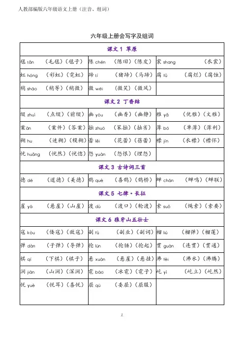 人教部编版六年级语文上册(注音、组词)写字表