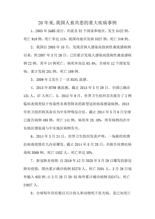 20年来,我国人畜共患的重大疾病事例