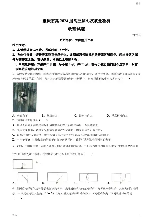 2024重庆市南开中学高三下学期第七次质量检测物理试题及答案