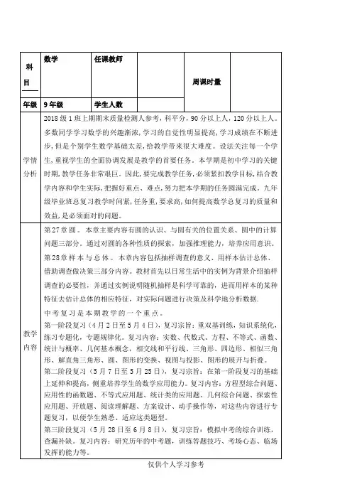 2018年9年级下期数学教学计划(华师大版)