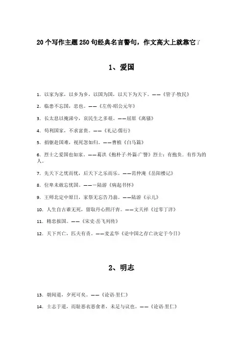 20个写作主题250句经典名言警句,作文高大上就靠它
