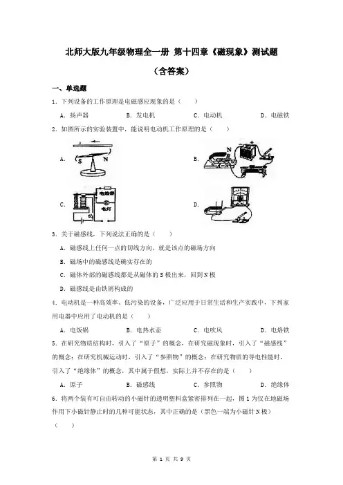 北师大版九年级物理全一册 第十四章《磁现象》测试题(含答案)