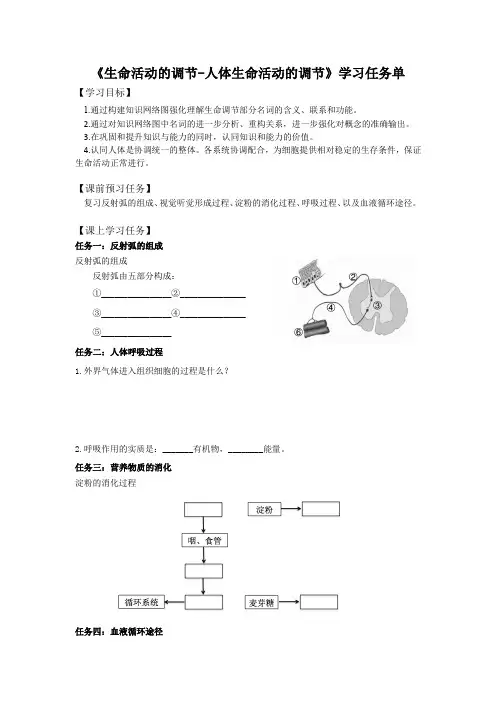 初一生物学(北京版)-第八章  生命活动的调节-人体生命活动的调节-3学习任务单