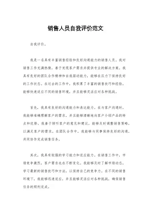 销售人员自我评价范文