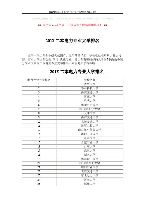 2018-201X二本电力专业大学排名-精选word文档 (5页)