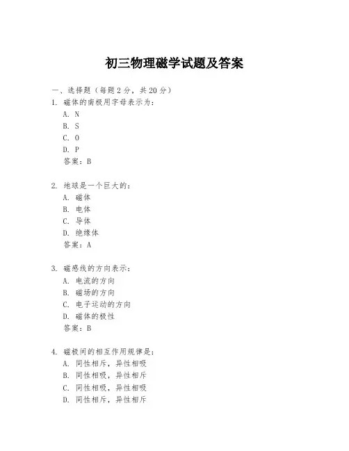 初三物理磁学试题及答案