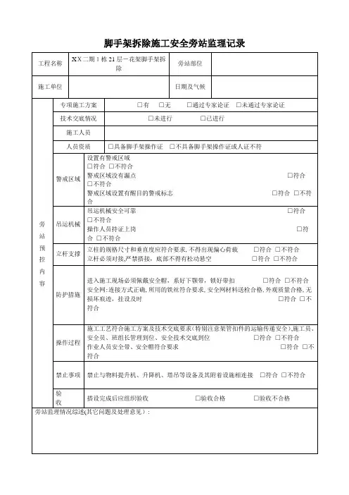 脚手架拆除施工安全旁站监理记录【范本模板】