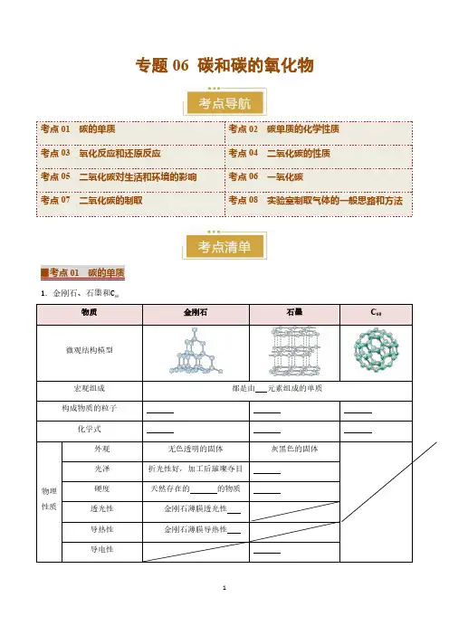 人教版九年级化学期末复习  专题06 碳和碳的氧化物(考点清单)