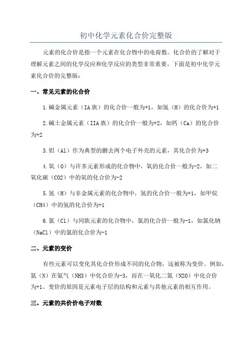 初中化学元素化合价完整版