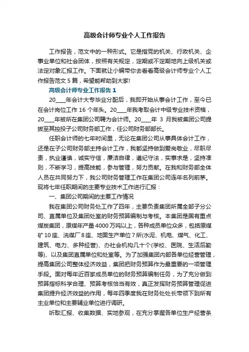 高级会计师专业个人工作报告范文5篇