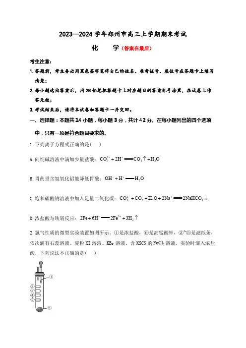 河南省郑州市2023-2024学年高三上学期1月期末考试 化学含解析
