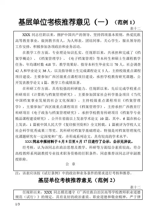 基层单位考核推荐意见(范例)