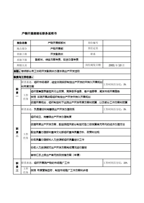 航材院产品发展部部长职务说明书