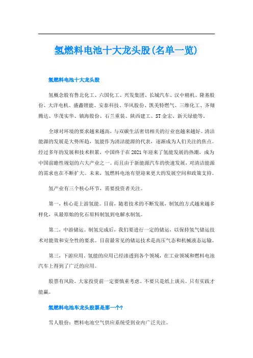 氢燃料电池十大龙头股(名单一览)
