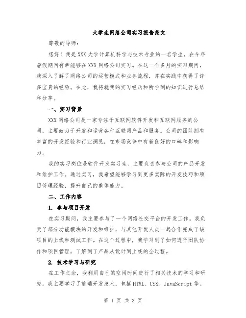 大学生网络公司实习报告范文